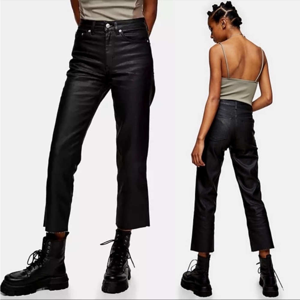 Topshop Straight Leg Jeans Black Wax Coat High Rise Zip Size 26